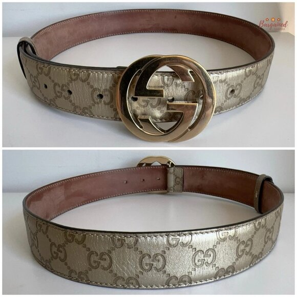 Authentic Gucci Cream Guccissima Leather Gold Interlocking G Buckle Belt 85/34 - Picture 5 of 13